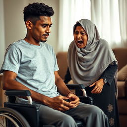 A tall, thirty-year-old young man with a long face and brown skin sits in a wheelchair, exuding a peaceful demeanor despite his paralysis