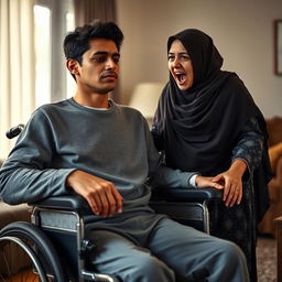 A tall, thirty-year-old young man with a long face and brown skin sits in a wheelchair, exuding a peaceful demeanor despite his paralysis