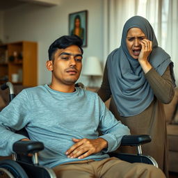 A tall, thirty-year-old young man with a long face and brown skin sits in a wheelchair, exuding a peaceful demeanor despite his paralysis