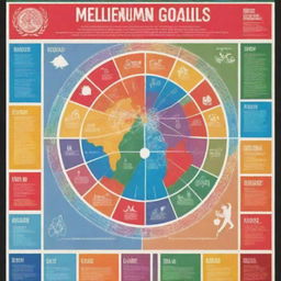 Design a vibrant and informative poster highlighting the Millennium Development Goals, with infographic elements representing each of the eight goals symbolically, showing unity and progress in a global perspective.