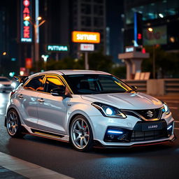 A fully modified Maruti Suzuki Baleno featuring custom paint job, body kit, and enhanced aerodynamics