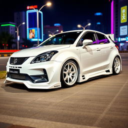 A fully modified Maruti Suzuki Baleno in pristine white color featuring a wide body kit