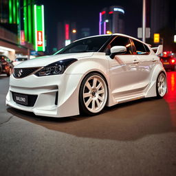 A fully modified Maruti Suzuki Baleno in pristine white color featuring a wide body kit