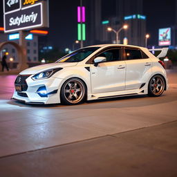 A fully modified Maruti Suzuki Baleno in pristine white color featuring a wide body kit