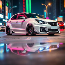 A fully modified Maruti Suzuki Baleno in pristine white color featuring a wide body kit