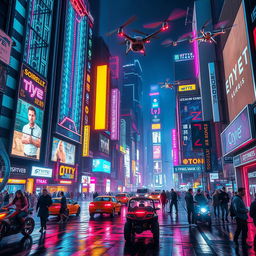 A vibrant cyberpunk cityscape at night, illuminated by neon signs and holographic advertisements