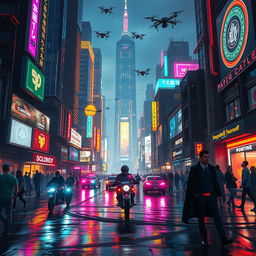 A vibrant cyberpunk cityscape at night, illuminated by neon signs and holographic advertisements