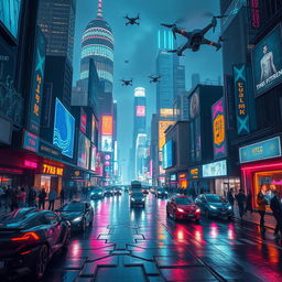 A vibrant cyberpunk cityscape at night, illuminated by neon signs and holographic advertisements