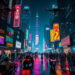 A vibrant cyberpunk cityscape at night, illuminated by neon signs and holographic advertisements