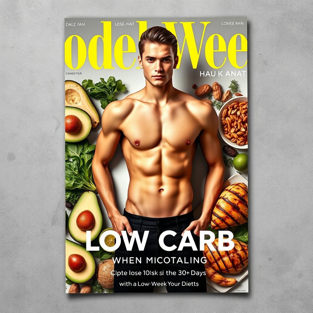 A sleek health and fitness magazine cover in the style of Model Week Hauk, depicting a transformation journey of losing 10kg in 30 days with a low-carb diet