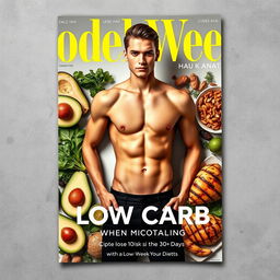 A sleek health and fitness magazine cover in the style of Model Week Hauk, depicting a transformation journey of losing 10kg in 30 days with a low-carb diet