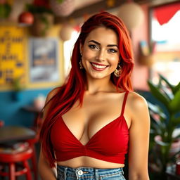 A Mexican woman aged 18 with fair skin and reddish hair, wearing a low-cut top that accentuates her DD cup size, standing confidently with a charming smile