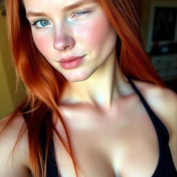 18-year-old American woman with fair skin, with reddish hair, wearing a low-cut top and having DD cup breasts.