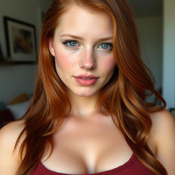 18-year-old American woman with fair skin, with reddish hair, wearing a low-cut top and having DD cup breasts.