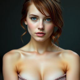 18-year-old American woman with fair skin, with reddish hair, wearing a low-cut top and having DD cup breasts.