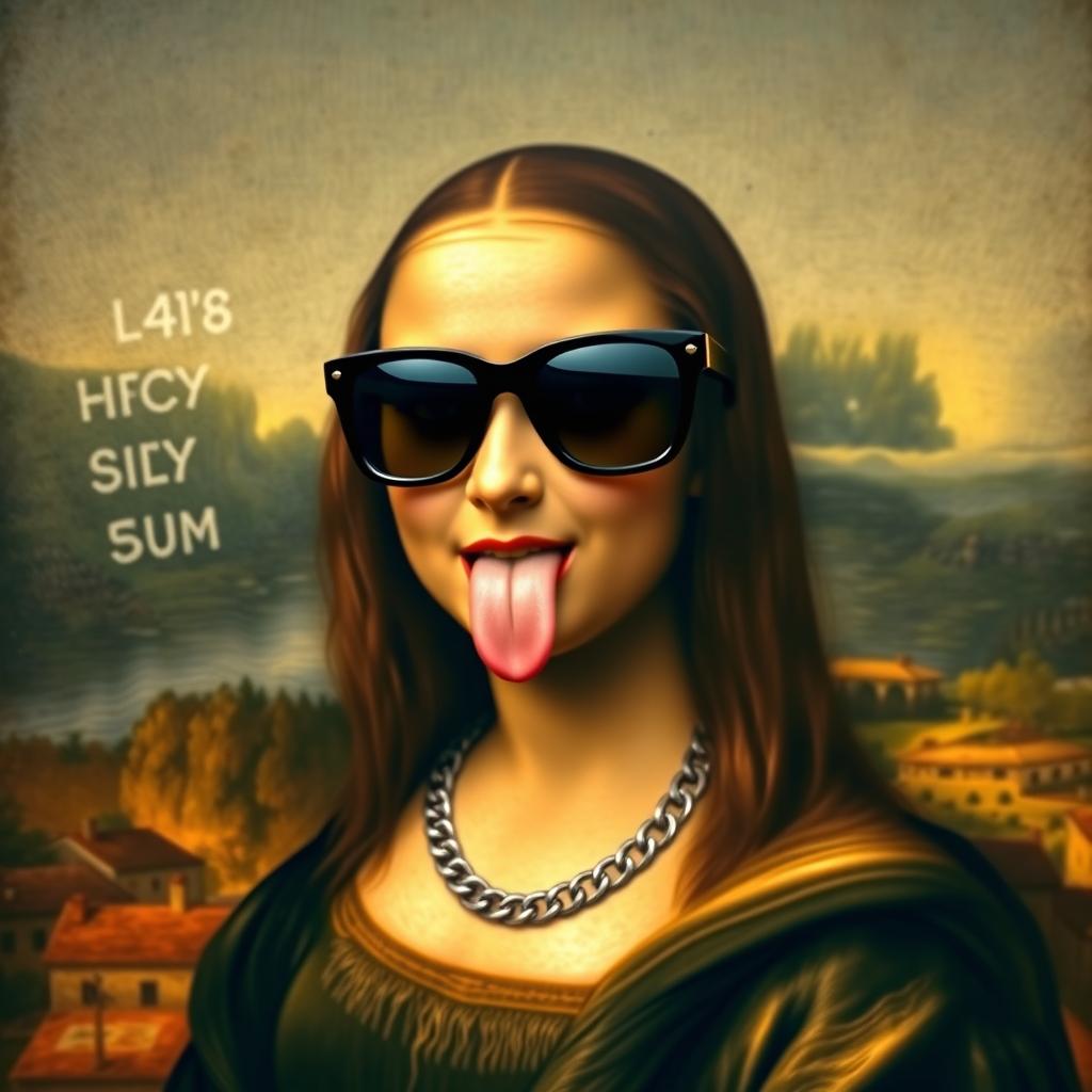 A playful and modern twist on the iconic Mona Lisa painting, featuring Mona Lisa with a chain necklace and stylish sunglasses, sticking her tongue out