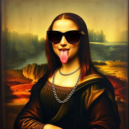 A playful and modern twist on the iconic Mona Lisa painting, featuring Mona Lisa with a chain necklace and stylish sunglasses, sticking her tongue out