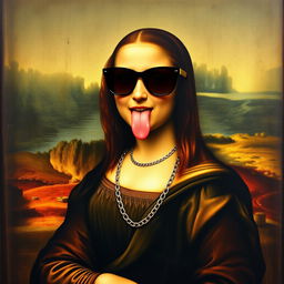 A playful and modern twist on the iconic Mona Lisa painting, featuring Mona Lisa with a chain necklace and stylish sunglasses, sticking her tongue out