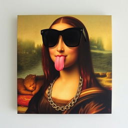 A playful and modern twist on the iconic Mona Lisa painting, featuring Mona Lisa with a chain necklace and stylish sunglasses, sticking her tongue out