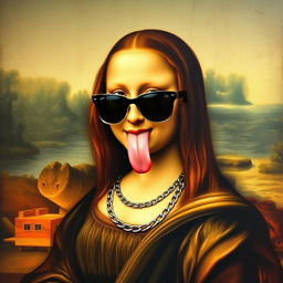 A playful and modern twist on the iconic Mona Lisa painting, featuring Mona Lisa with a chain necklace and stylish sunglasses, sticking her tongue out