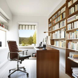 A modernly designed, well-lit home office with white walls. It has a spacious wooden desk, comfortable chair, shelves filled with books, and a large window with a great outdoor view.