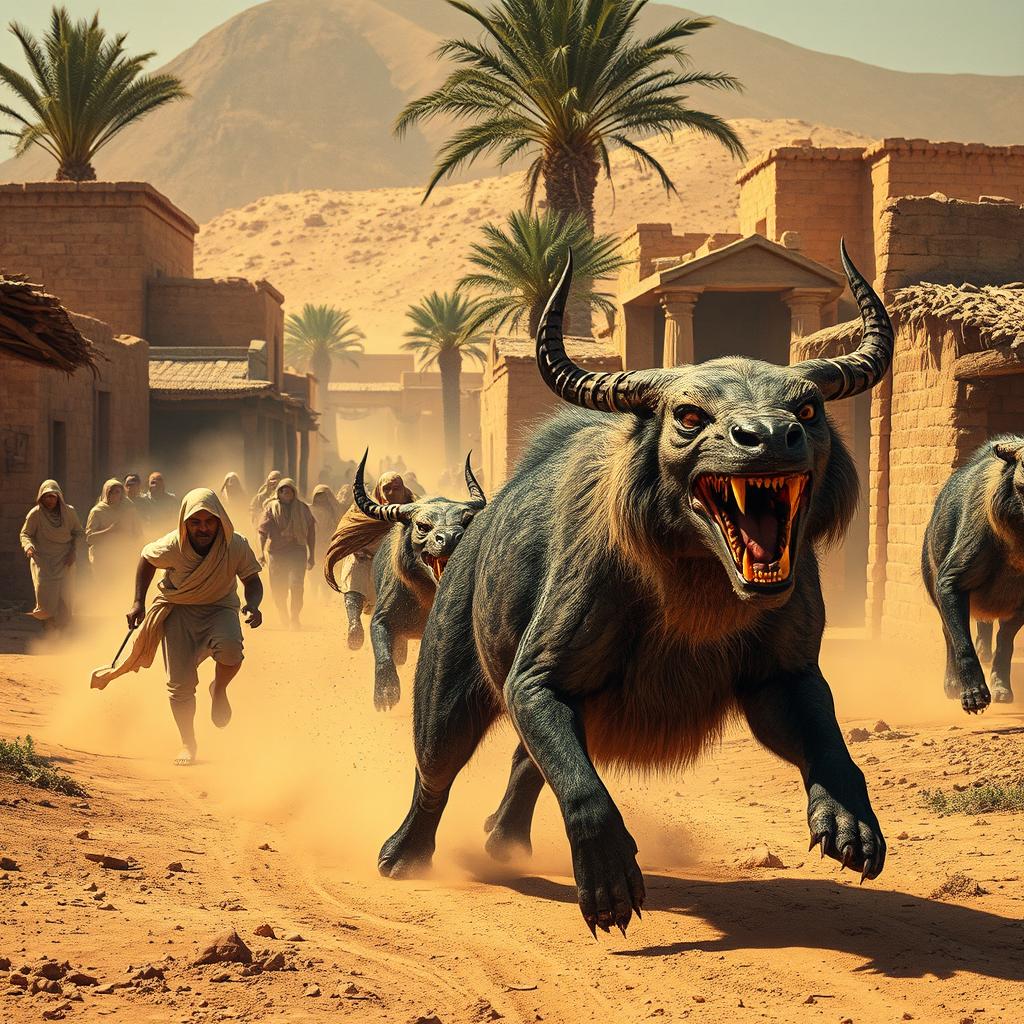 A dramatic scene depicting terrifying and ferocious animals launching a strange attack on the people of a rural Egyptian village