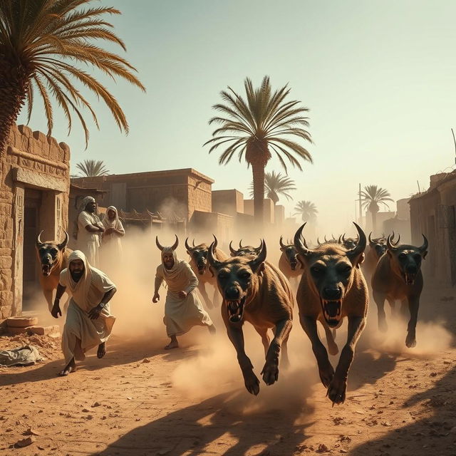 A dramatic scene depicting terrifying and ferocious animals launching a strange attack on the people of a rural Egyptian village