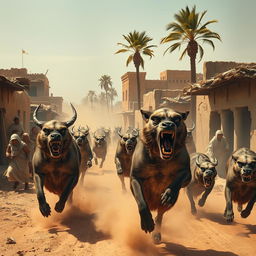 A dramatic scene depicting terrifying and ferocious animals launching a strange attack on the people of a rural Egyptian village