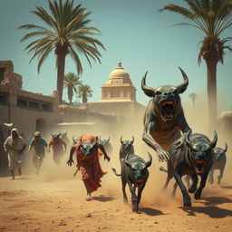 A dramatic scene depicting terrifying and ferocious animals launching a strange attack on the people of a rural Egyptian village