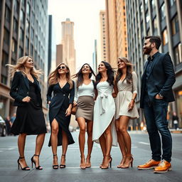 three women and two men standing together in a stylish urban setting, all dressed in modern, chic fashion