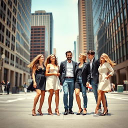 three women and two men standing together in a stylish urban setting, all dressed in modern, chic fashion