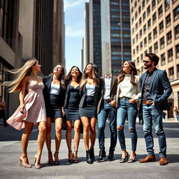 three women and two men standing together in a stylish urban setting, all dressed in modern, chic fashion