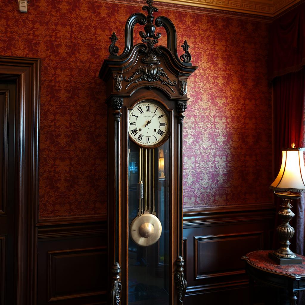 A vintage wooden grandfather clock with ornate carvings and brass pendulum, standing against a richly wallpapered Victorian parlor