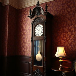 A vintage wooden grandfather clock with ornate carvings and brass pendulum, standing against a richly wallpapered Victorian parlor