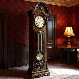 A vintage wooden grandfather clock with ornate carvings and brass pendulum, standing against a richly wallpapered Victorian parlor