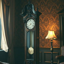 A vintage wooden grandfather clock with ornate carvings and brass pendulum, standing against a richly wallpapered Victorian parlor