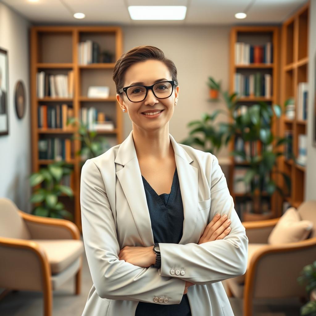 A professional and confident adult psychologist in a warm, inviting office setting, equipped with comfortable chairs and bookshelves