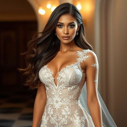 A stunning brunette woman with luscious, flowing hair, wearing a glamorous, see-through wedding dress that tastefully showcases her curves and accentuates her big cleavage