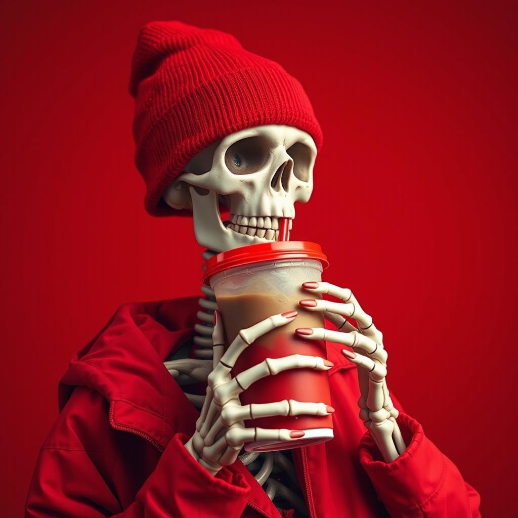 A skeleton wearing a vibrant red beanie and a matching red jacket, sipping iced coffee from a to-go cup with a red lid