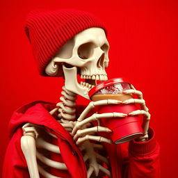 A skeleton wearing a vibrant red beanie and a matching red jacket, sipping iced coffee from a to-go cup with a red lid