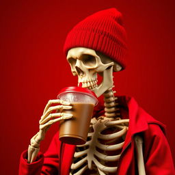 A skeleton wearing a vibrant red beanie and a matching red jacket, sipping iced coffee from a to-go cup with a red lid