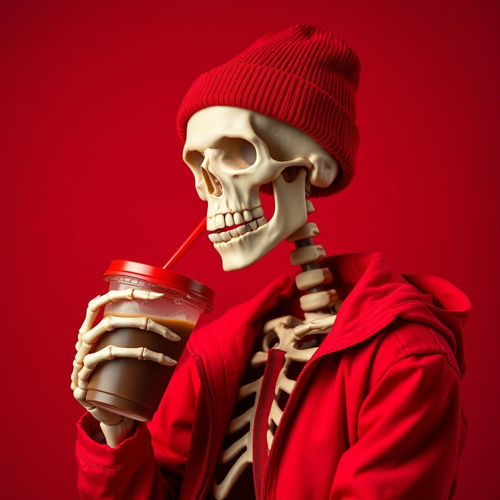 A skeleton wearing a vibrant red beanie and a matching red jacket, sipping iced coffee from a to-go cup with a red lid