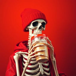 A skeleton adorned with a bright red beanie and a matching red jacket, leisurely drinking iced coffee from a to-go cup, featuring a red lid