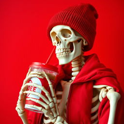 A skeleton adorned with a bright red beanie and a matching red jacket, leisurely drinking iced coffee from a to-go cup, featuring a red lid