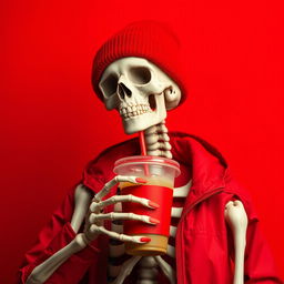 A skeleton adorned with a bright red beanie and a matching red jacket, leisurely drinking iced coffee from a to-go cup, featuring a red lid