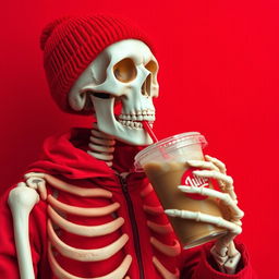 A skeleton adorned with a bright red beanie and a matching red jacket, leisurely drinking iced coffee from a to-go cup, featuring a red lid