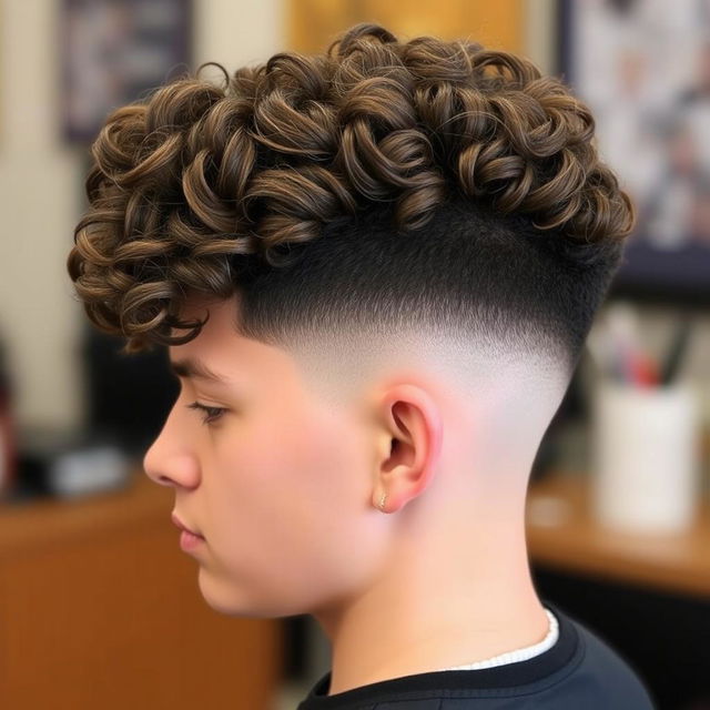 A stylish haircut featuring curly hair with a burst fade