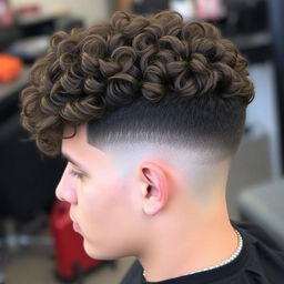 A stylish haircut featuring curly hair with a burst fade