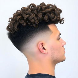 A stylish haircut featuring curly hair with a burst fade