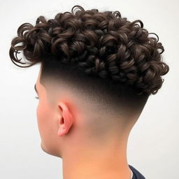 A stylish haircut featuring curly hair with a burst fade